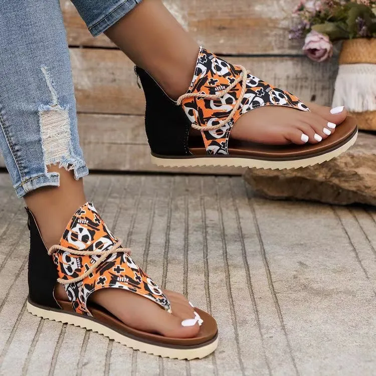 🌸 Women's Flip-toe Printed Flat Sandals With Back Zipper 🌸