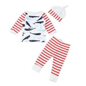 3 Piece Baby Blue Whale Shirt, Pants, and Hat Set