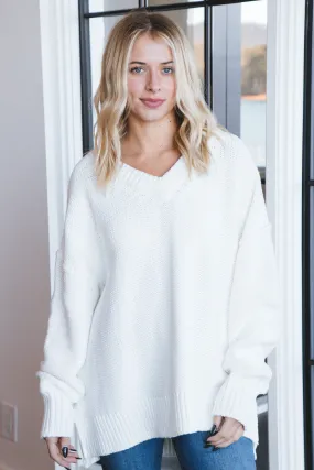 Alli V-Neck Oversized Sweater, Optic White | Free People