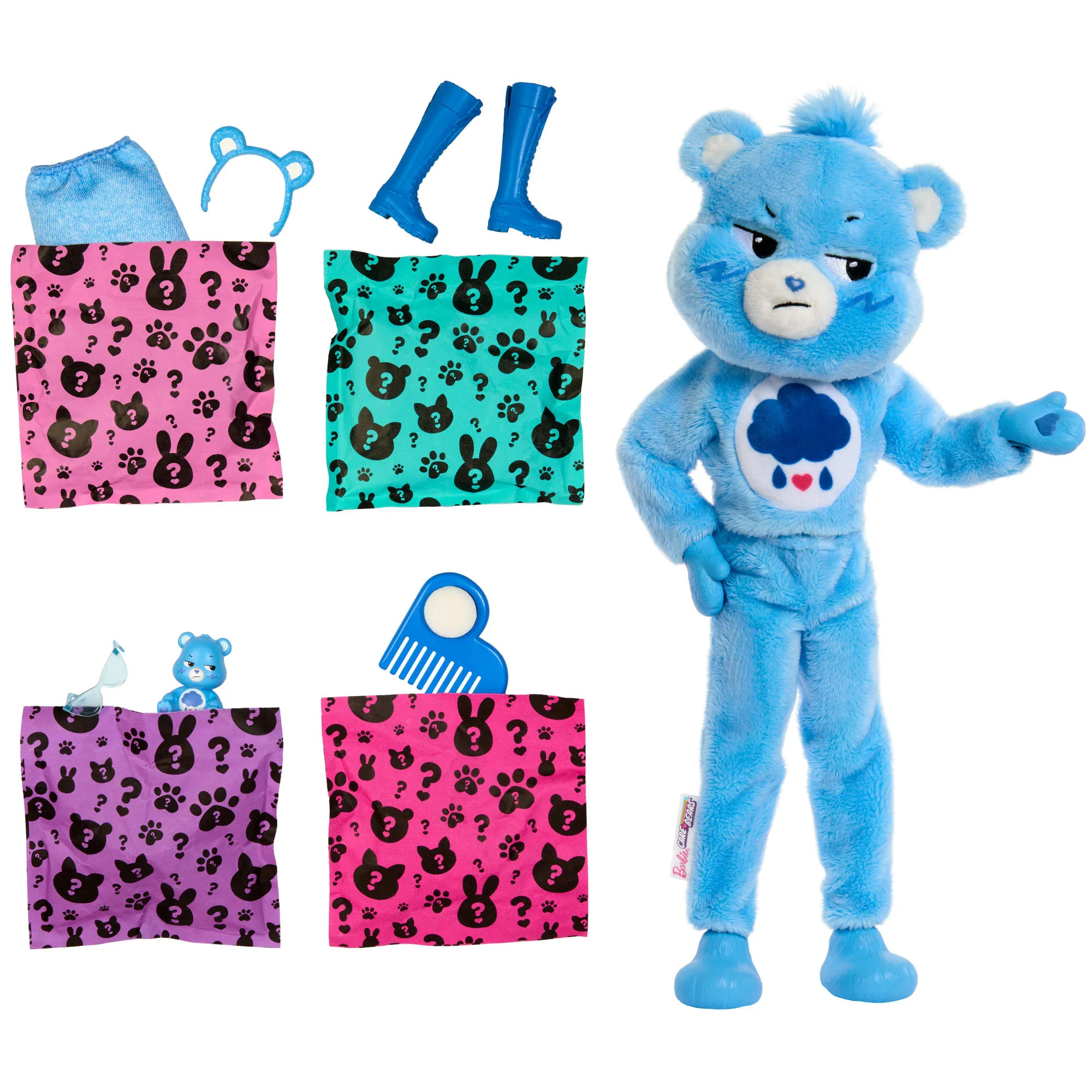 Barbie Cutie Reveal Care Bears Series Doll & Accessories in Grumpy Bear Plush Costume, 10 Surprises