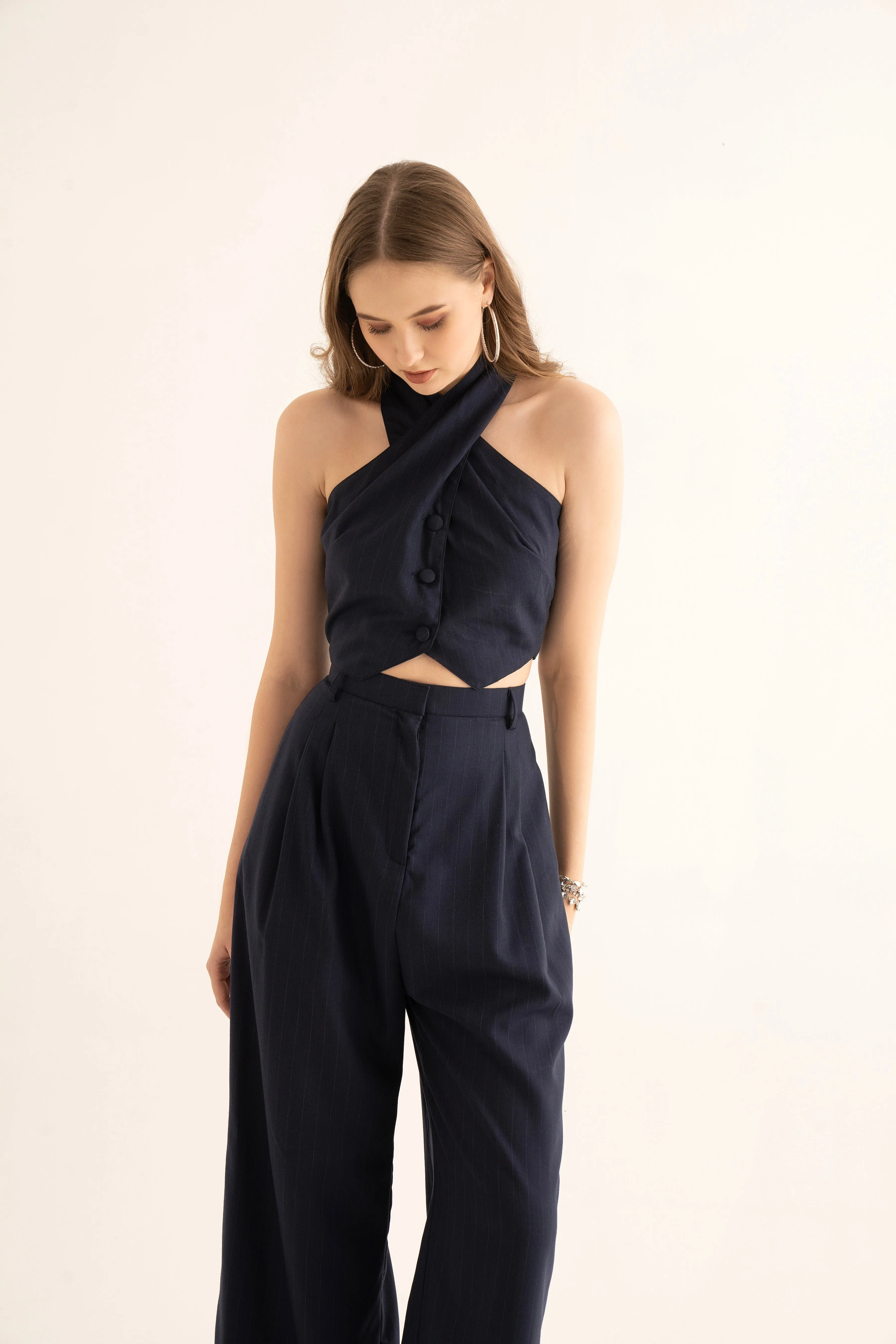 Black Pinstripe Halter Waistcoat and Suiting Pants Co-ord