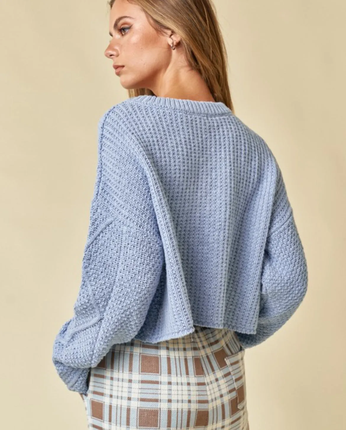 Blue cable knit crop sweater