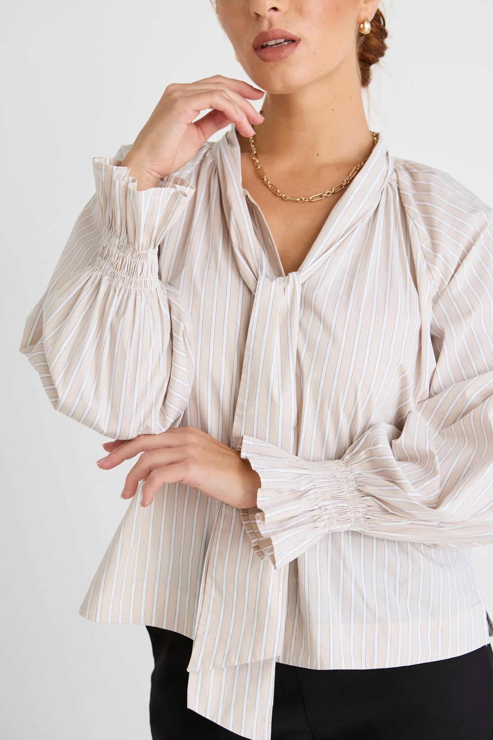 Compassion Ecru Stripe Poplin Tie Front Blouse