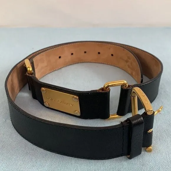 Dolce& Gabbana black with gold monogram plaque belt