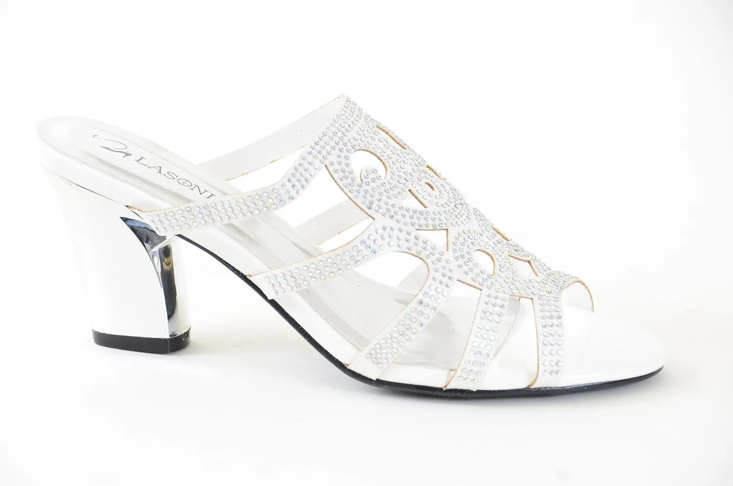 Elegant Beaded Glitter Formal Chrome Heel Slide Sandals