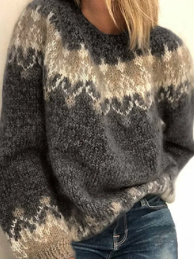 Fair Isle Knit Crew Neck Winter Sweater for Women