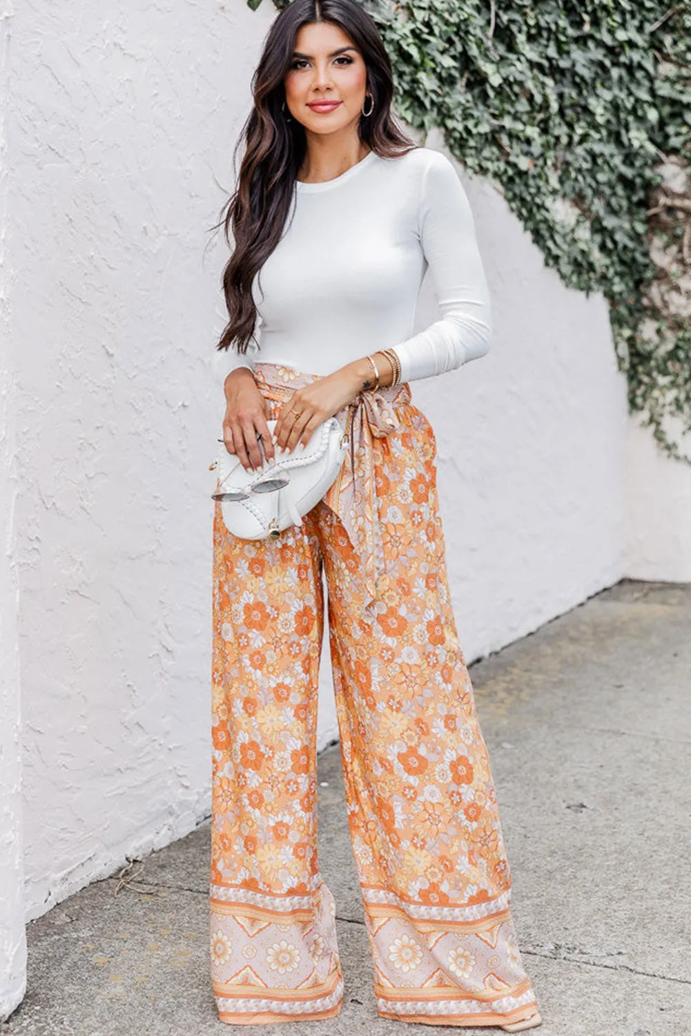 Grapefruit Orange Tie Waist Boho Floral Wide Leg Pants