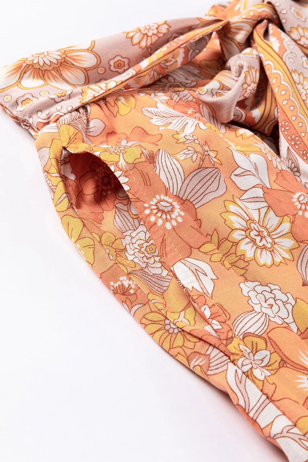 Grapefruit Orange Tie Waist Boho Floral Wide Leg Pants