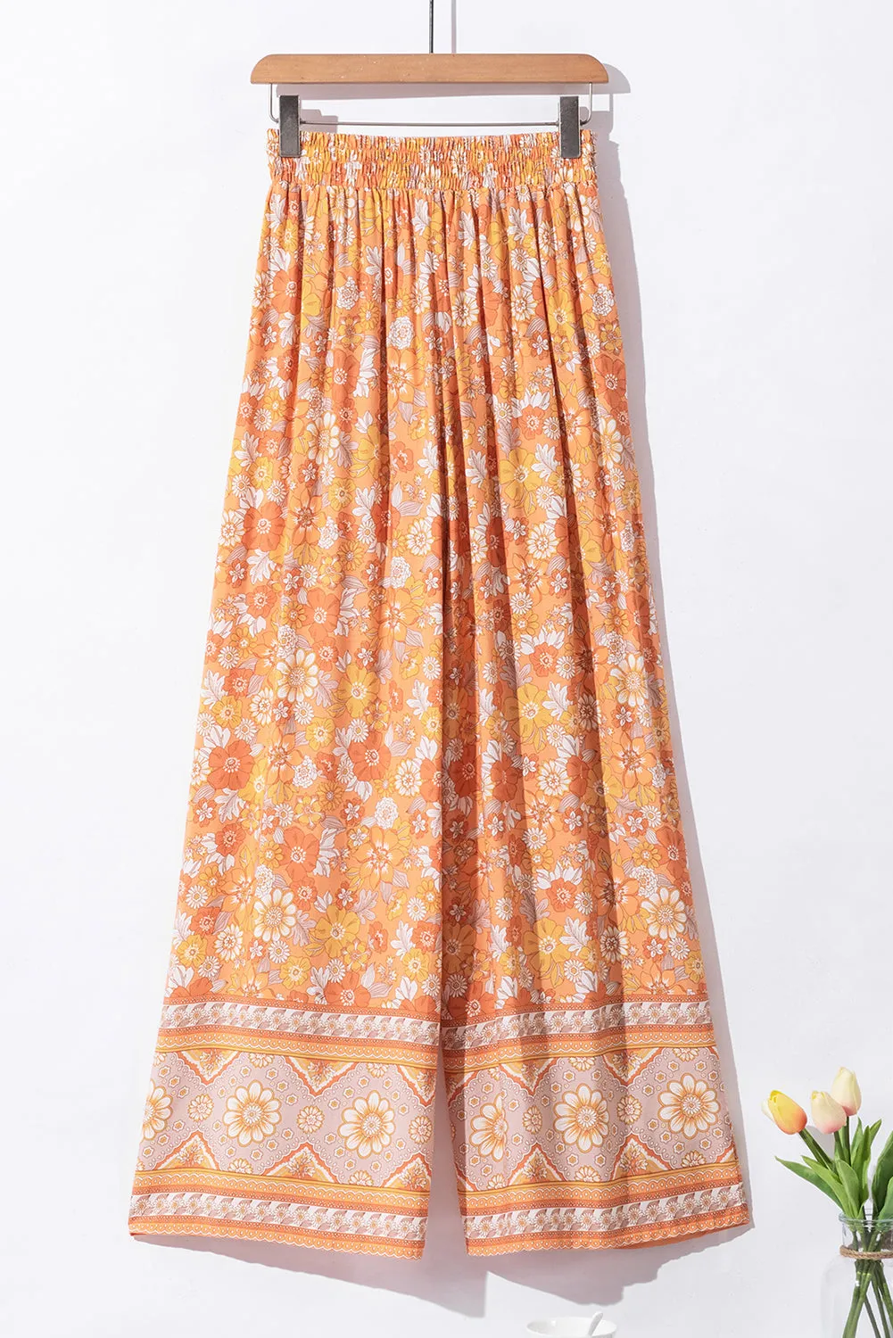 Grapefruit Orange Tie Waist Boho Floral Wide Leg Pants