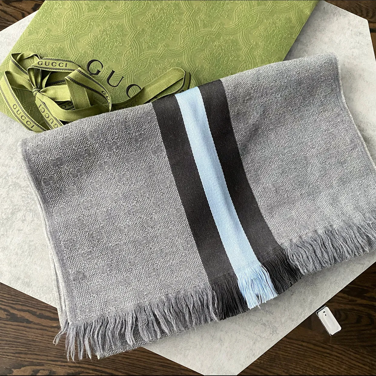 Optimized Title: Stylish Gucci Long Scarf with Grey and Blue Stripe Monogram Pattern