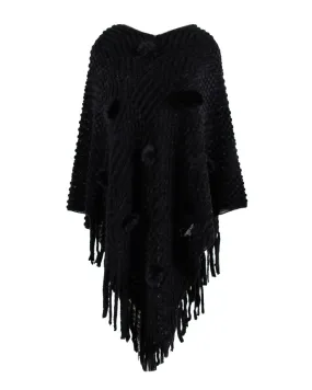 Haute Edition Women's Solid Fringed Sweater Poncho with Pom Poms. One size fits all (S-XL).