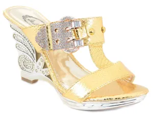 Jeweled Gold Bling Rhinestone Evening Open Toe Buckle Cut-out Mule Slide Sandals