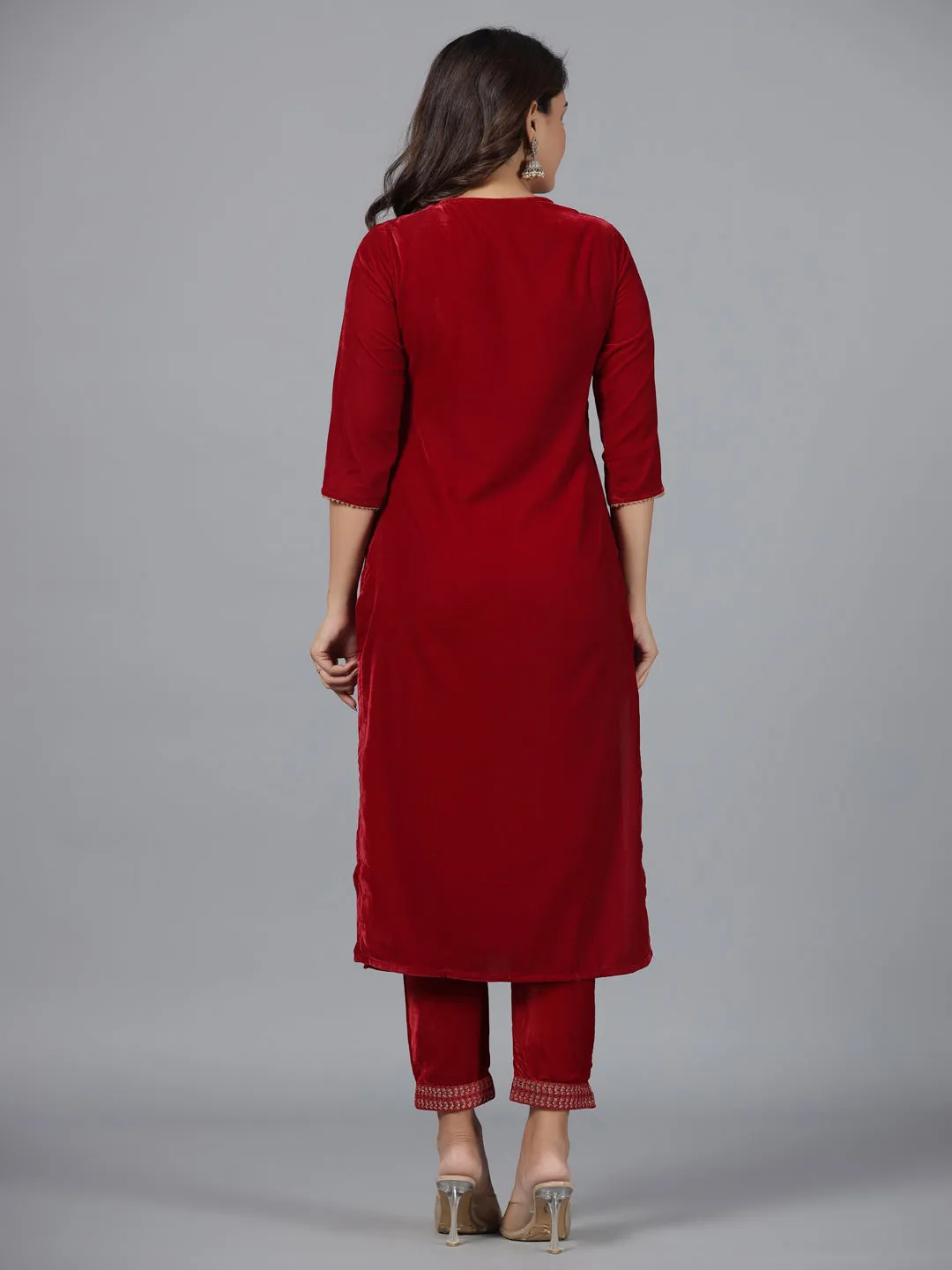 Juniper Maroon Velvet Embroidered Kurta & Pants Set with Zari & Sequences