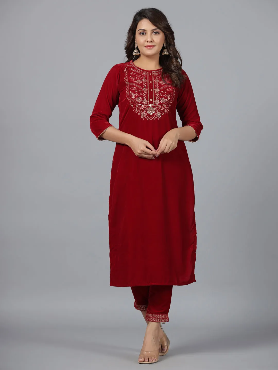 Juniper Maroon Velvet Embroidered Kurta & Pants Set with Zari & Sequences