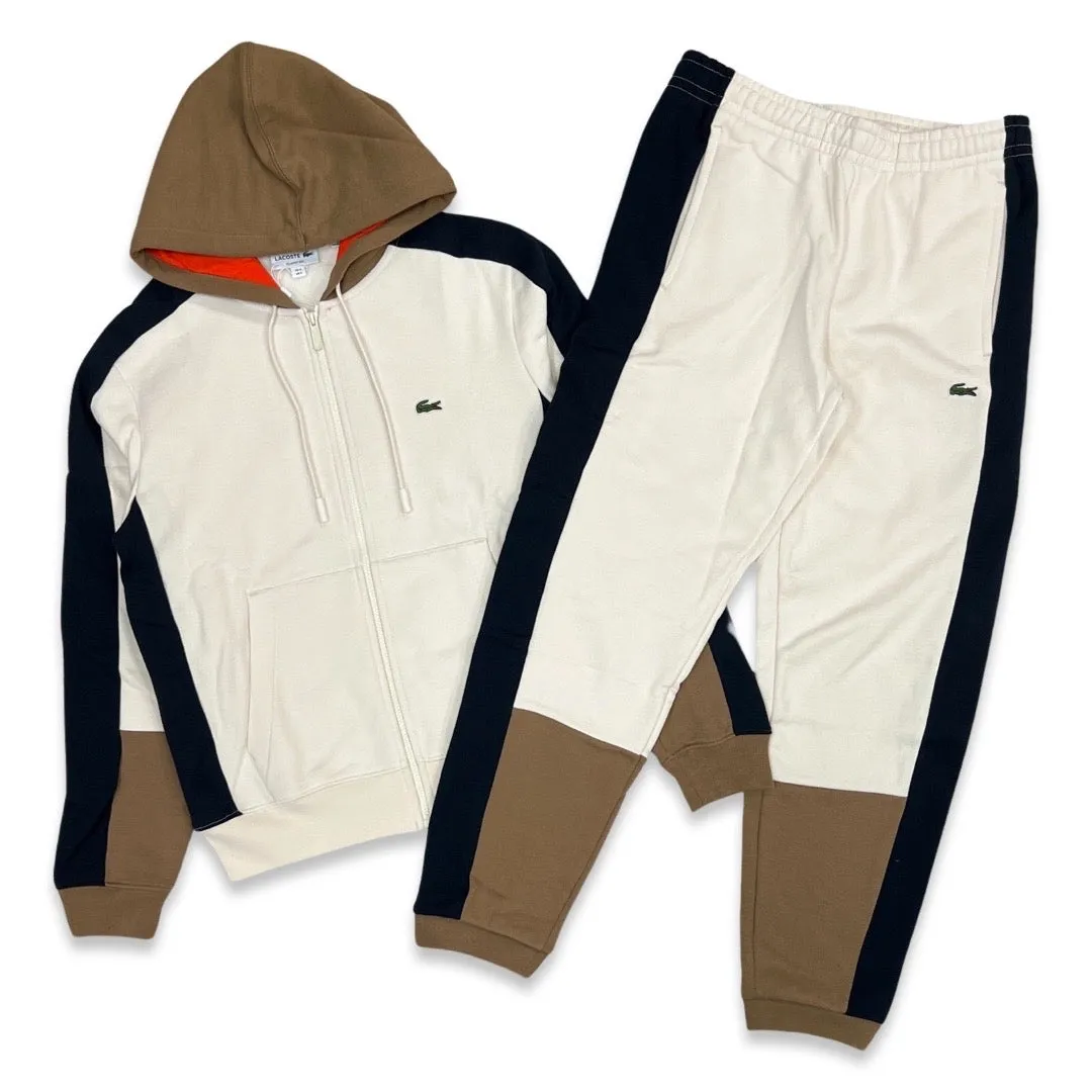 Men’s Fleece Block Jogging Set In Cream/Beige/Navy