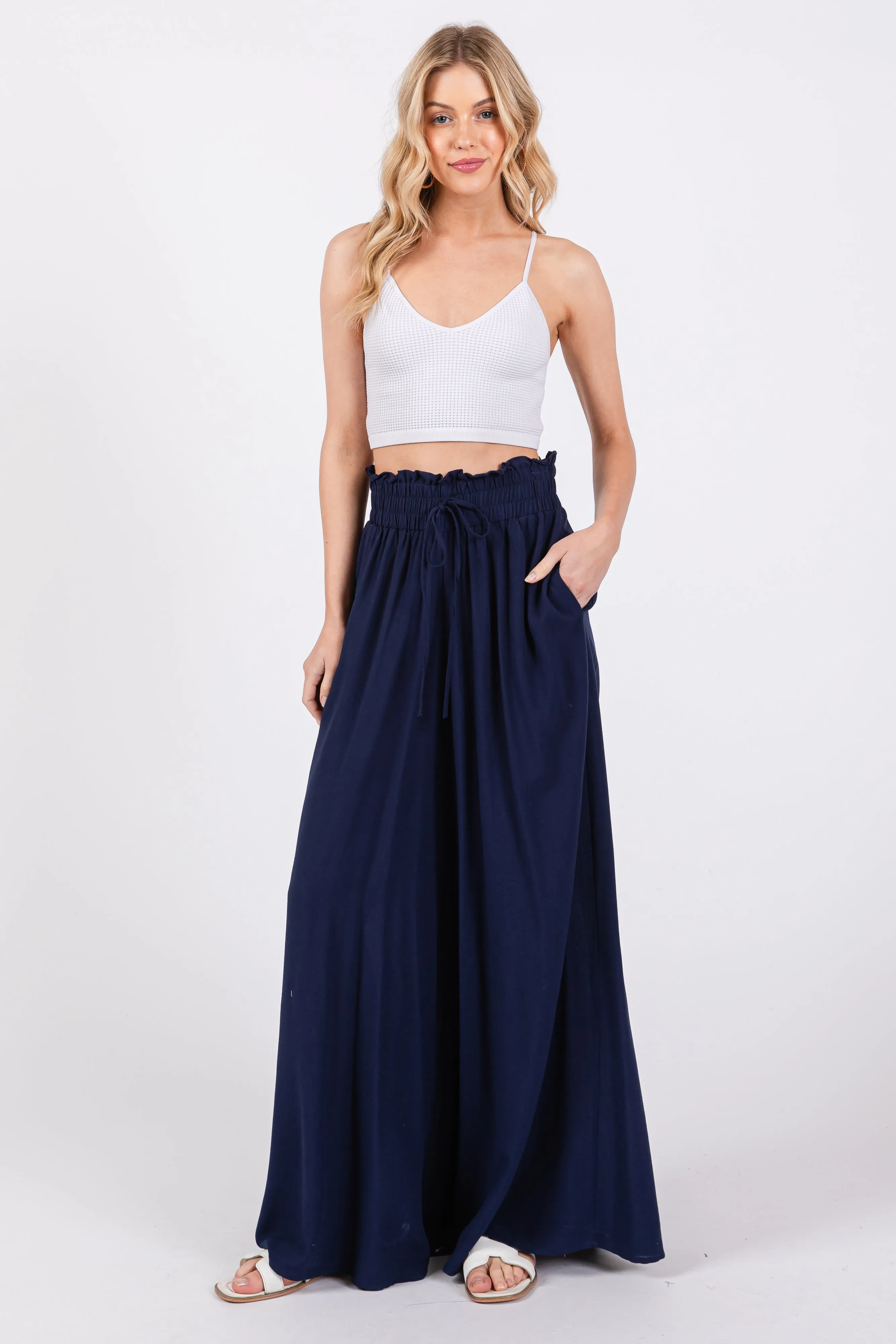 Navy Blue Wide Leg Smocked Lightweight Maternity Pants