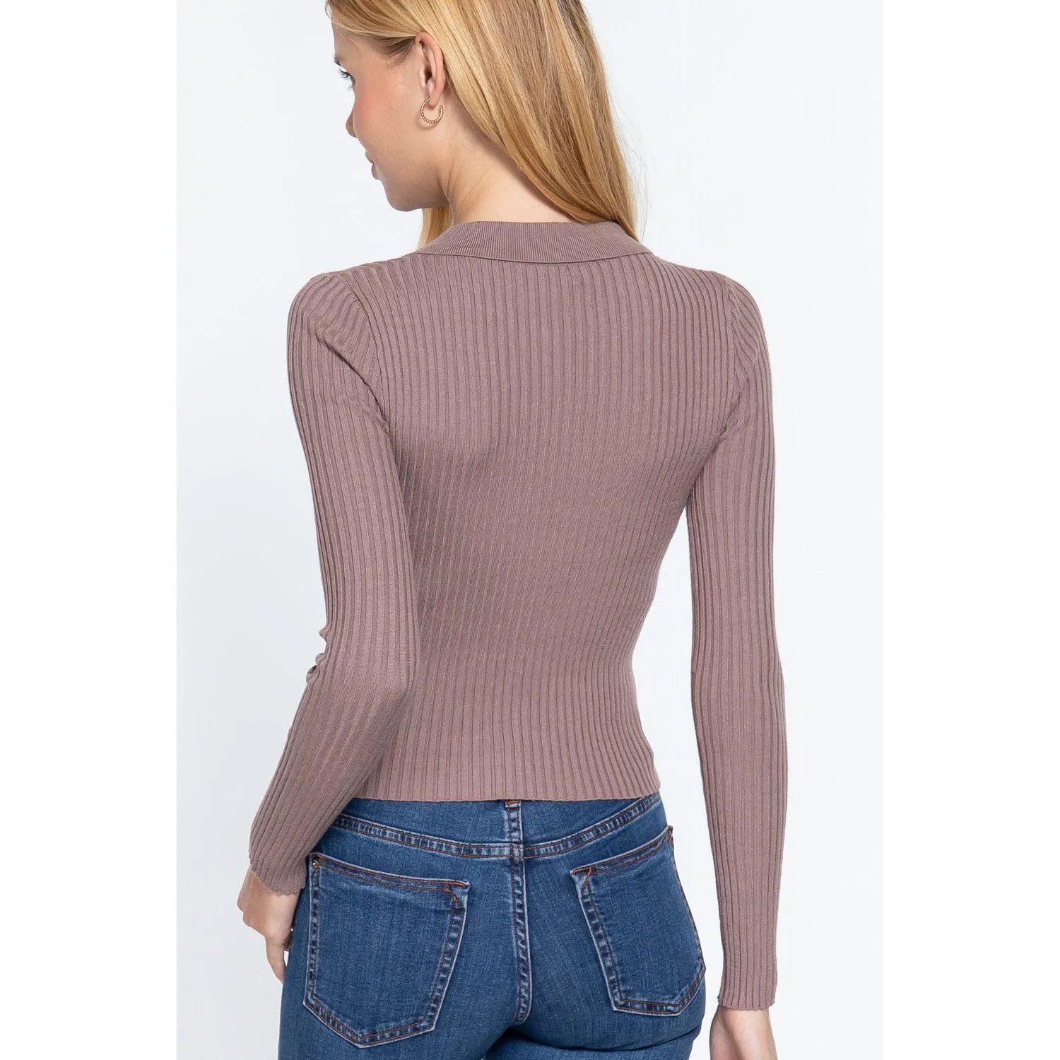 Notched Collar Zippered Sweater