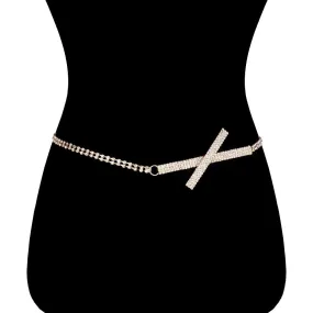 Rhinestone Embellished Rectangle Cross Accented Chain Belt