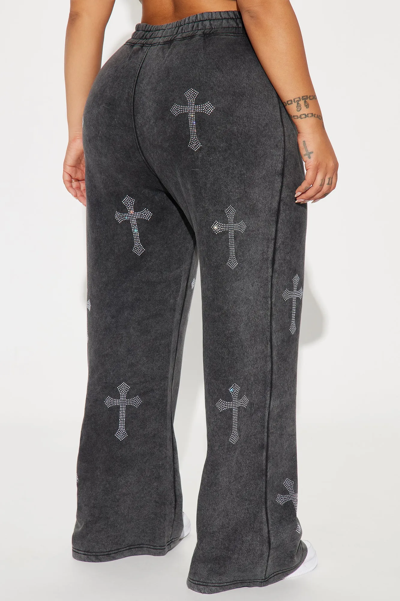 Sunday Rhinestone Washed Wide Leg Pant - Black Wash