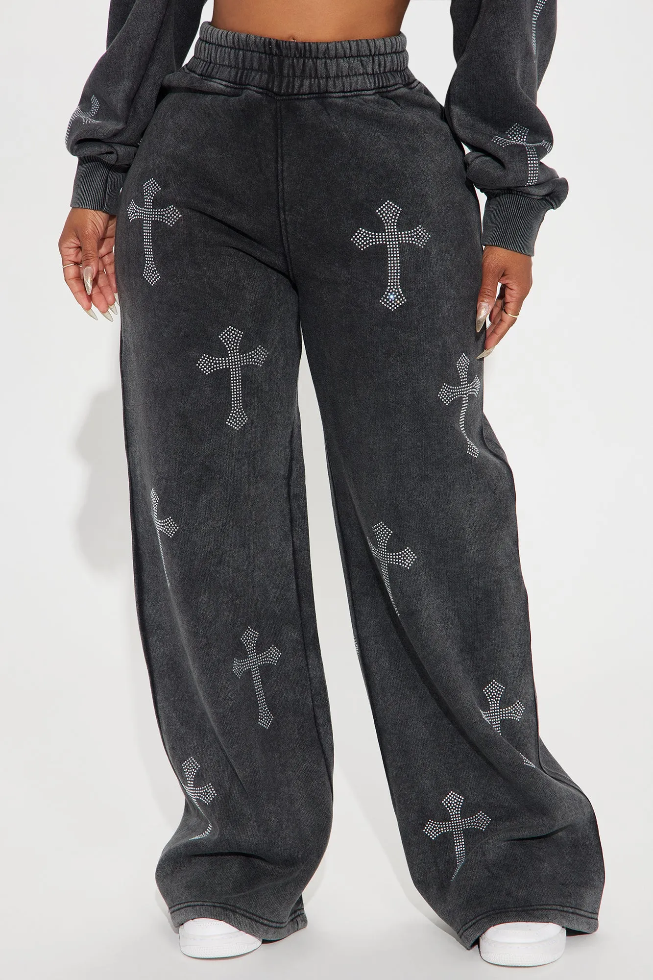 Sunday Rhinestone Washed Wide Leg Pant - Black Wash