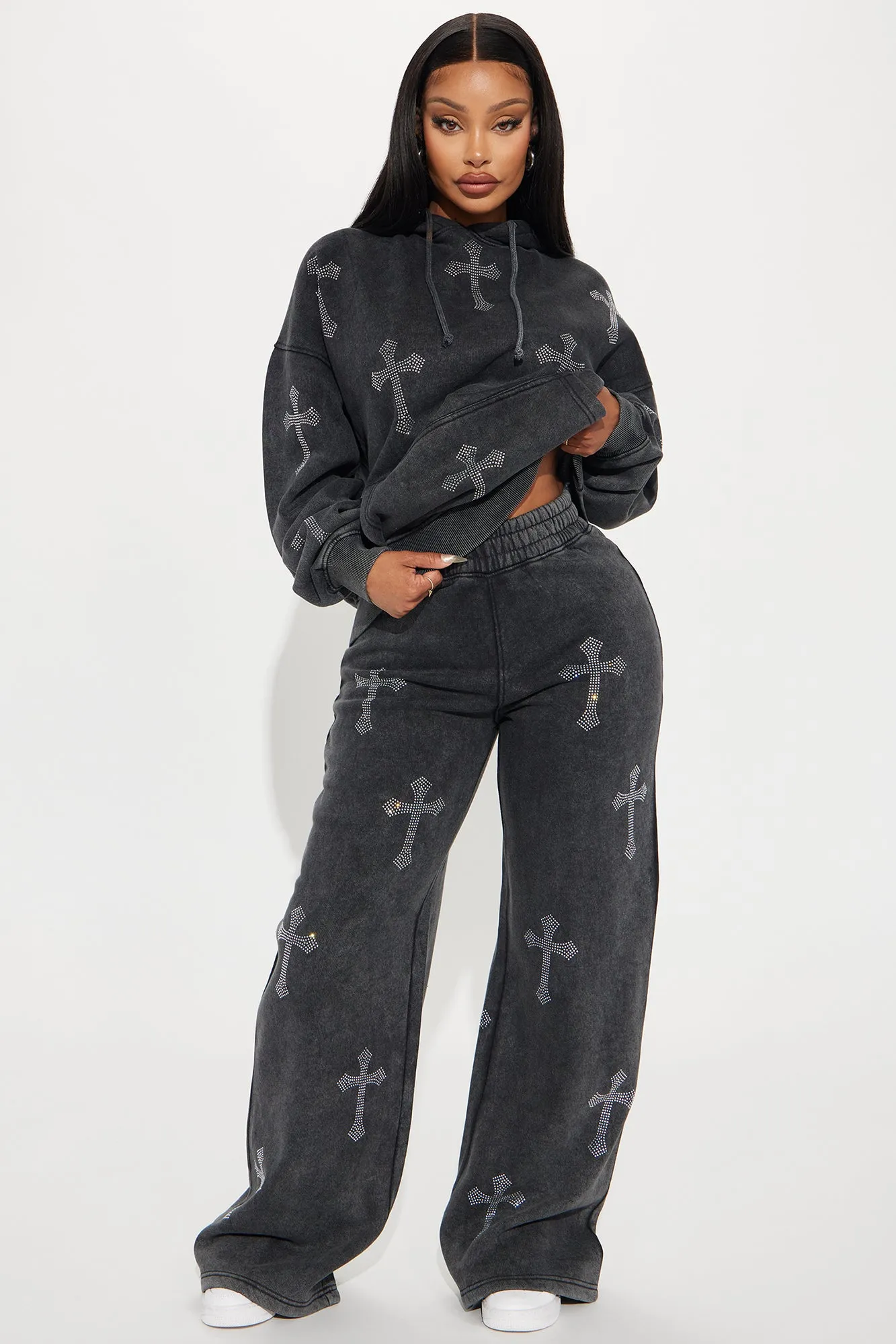 Sunday Rhinestone Washed Wide Leg Pant - Black Wash