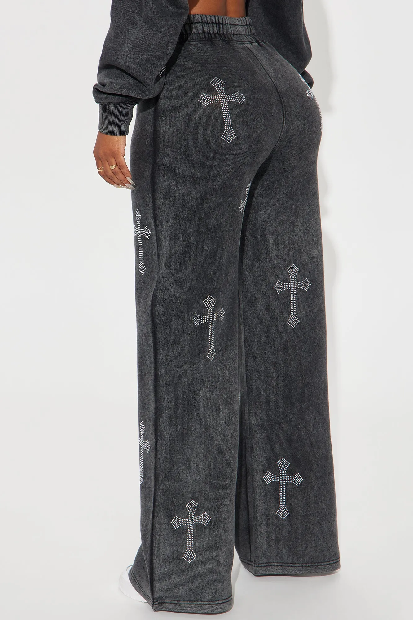 Sunday Rhinestone Washed Wide Leg Pant - Black Wash