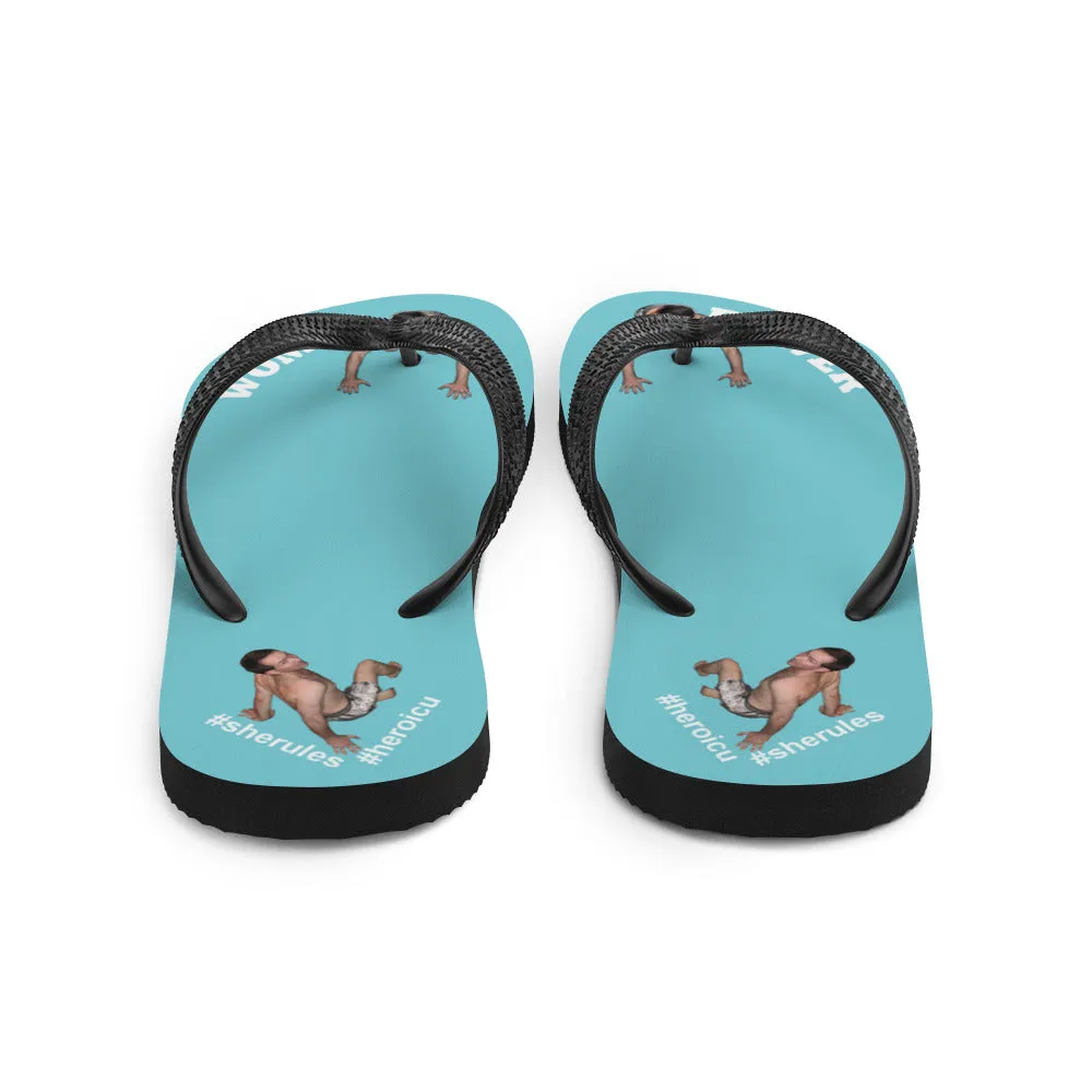 Woman Power Fabric Top Flip Flop Sandal Has Men Bow To Your Toes Robin Egg Blue Color with White Letters (NEW 2023-04)