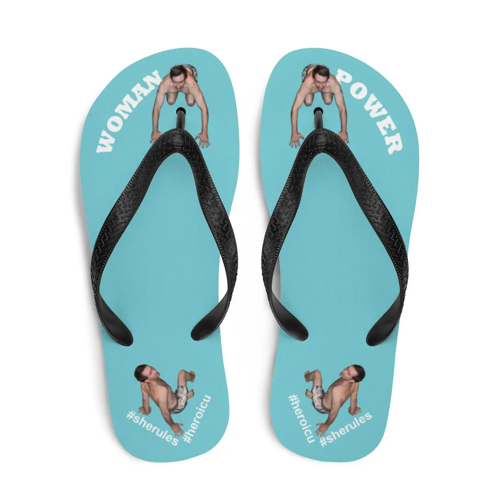 Woman Power Fabric Top Flip Flop Sandal Has Men Bow To Your Toes Robin Egg Blue Color with White Letters (NEW 2023-04)