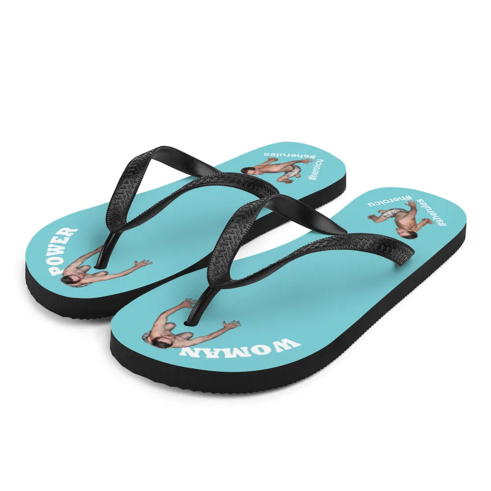 Woman Power Fabric Top Flip Flop Sandal Has Men Bow To Your Toes Robin Egg Blue Color with White Letters (NEW 2023-04)