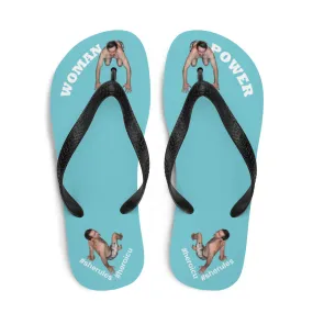 Woman Power Fabric Top Flip Flop Sandal Has Men Bow To Your Toes Robin Egg Blue Color with White Letters (NEW 2023-04)