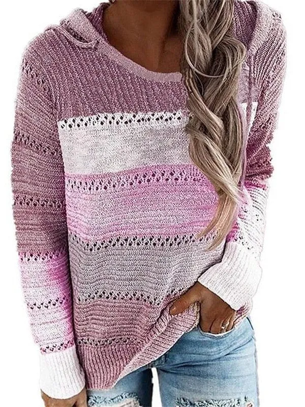 Women's Soft Knit Color Block Pullover Sweater Jumper with Hood